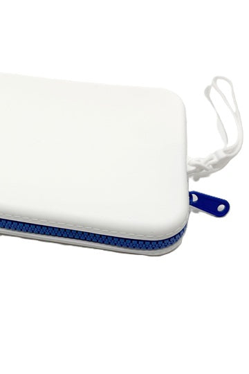 White Clutch With Dark Blue Zip